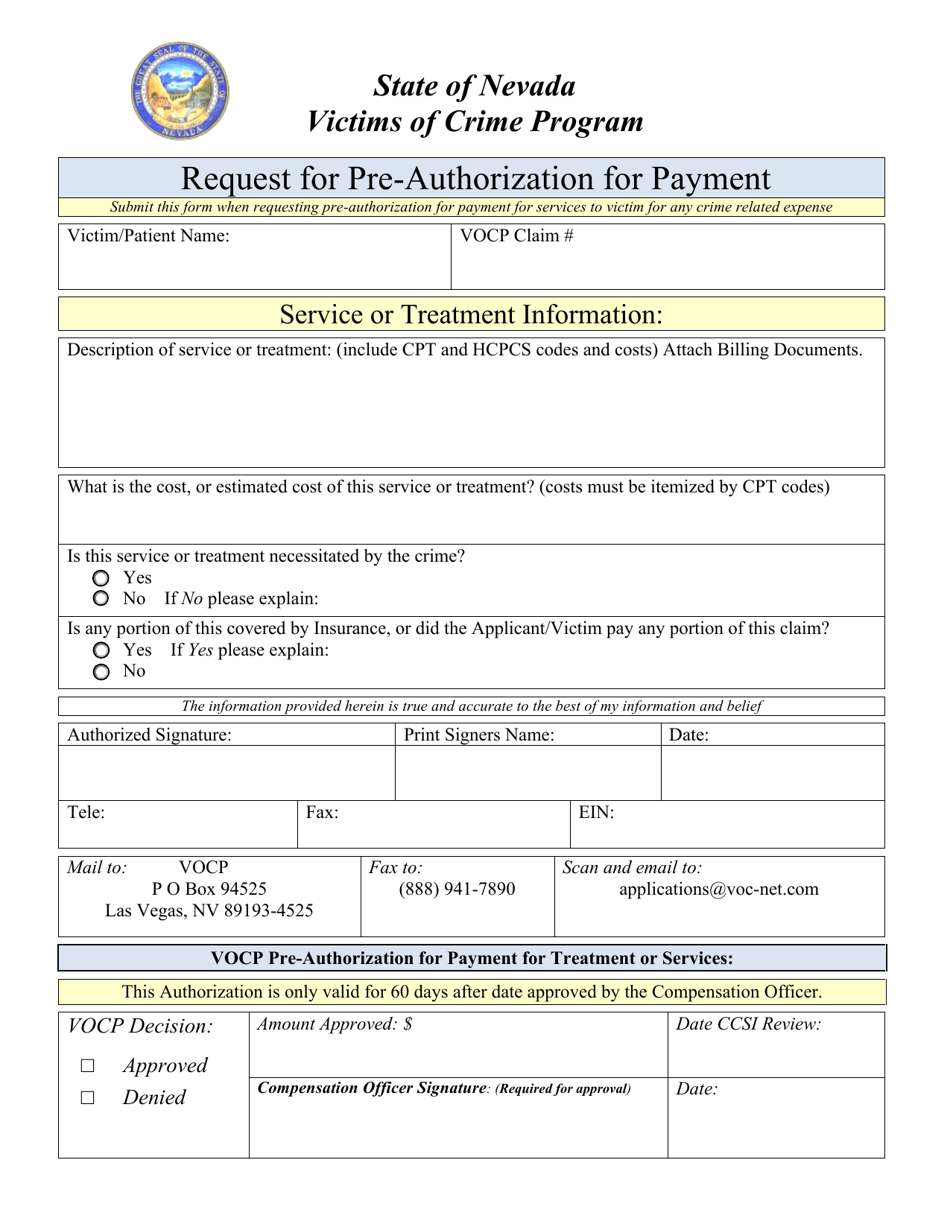 Request for Pre-authorization for Payment - Nevada, Page 1