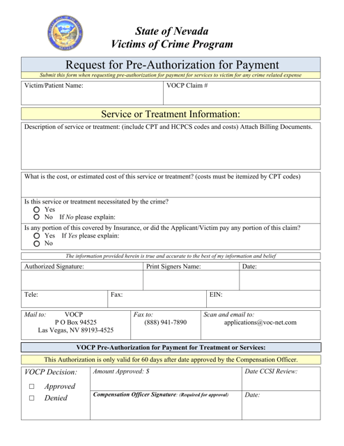 Request for Pre-authorization for Payment - Nevada