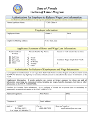 Document preview: Authorization for Employer to Release Wage Loss Information - Nevada