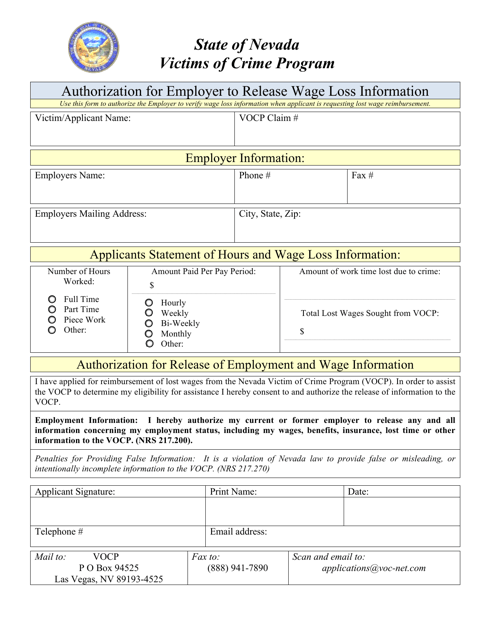Authorization for Employer to Release Wage Loss Information - Nevada Download Pdf