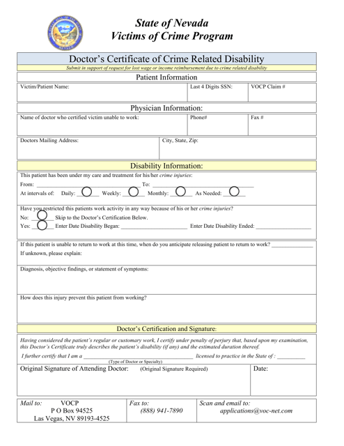Doctor's Certificate of Crime Related Disability - Nevada Download Pdf