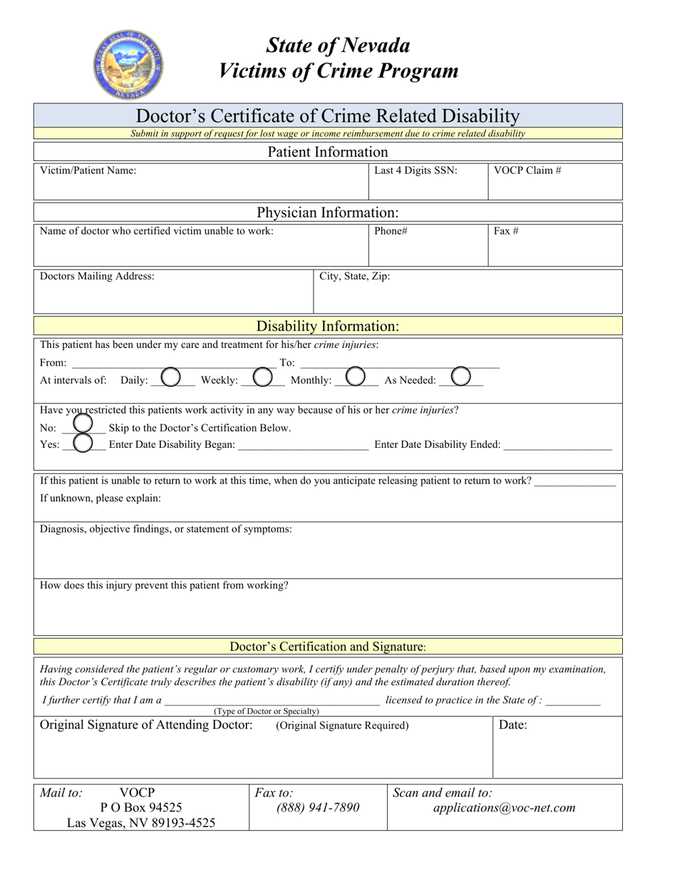 Doctors Certificate of Crime Related Disability - Nevada, Page 1