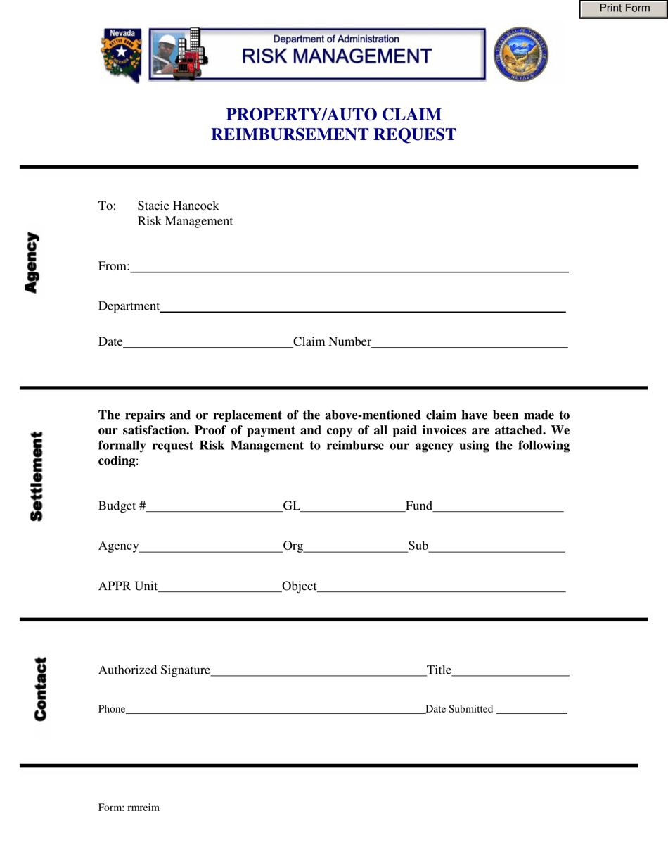 Form RMREIM Property / Auto Claim Reimbursement Request - Nevada, Page 1