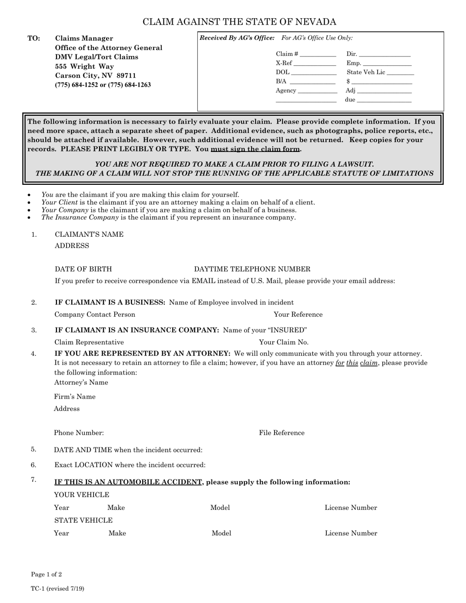 Form TC-1 Claim Against the State of Nevada - Nevada, Page 1