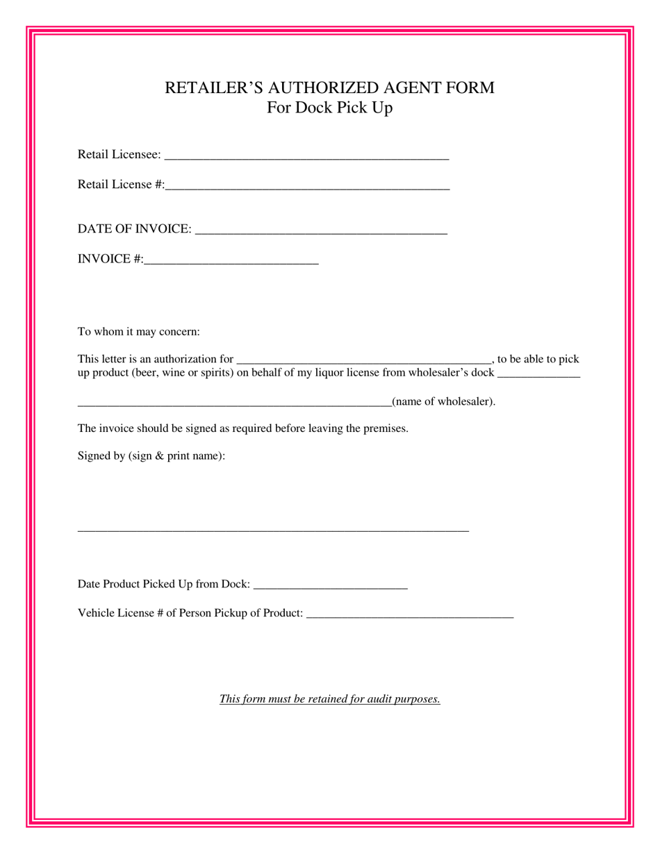 Retailers Authorized Agent Form for Dock Pick up - Nebraska, Page 1