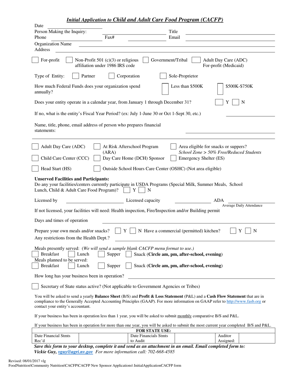 Nevada Initial Application to Child and Adult Care Food Program (CACFP ...