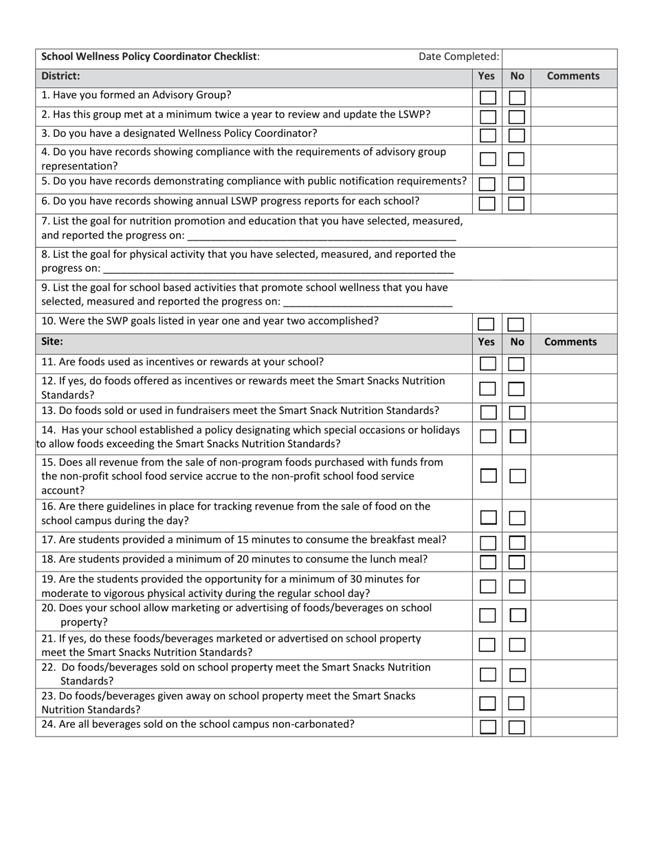 School Wellness Policy Coordinator Checklist - Nevada, Page 1