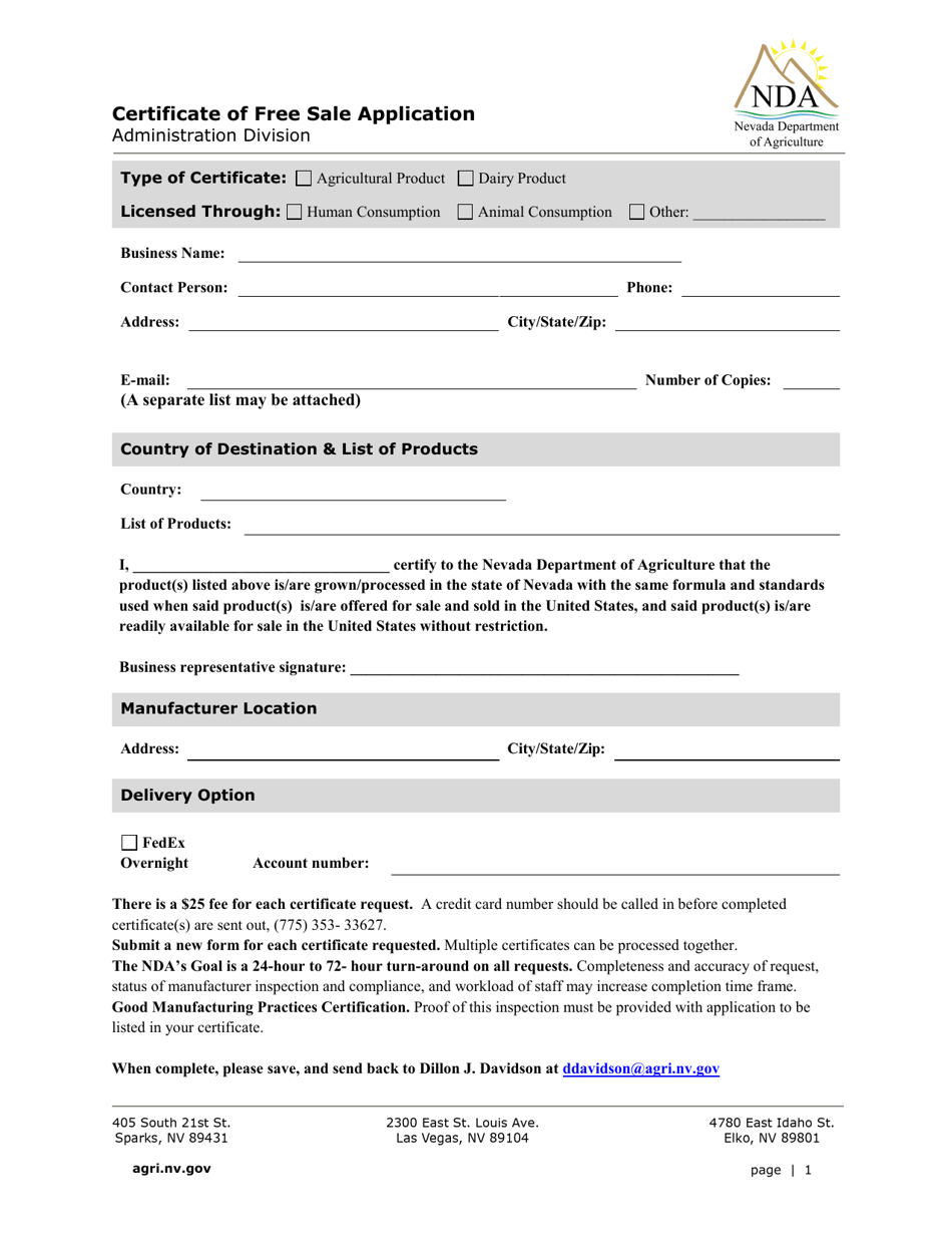 Certificate of Free Sale Application - Nevada, Page 1