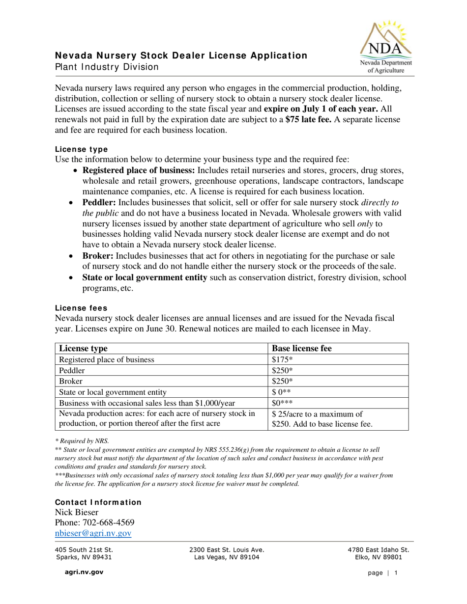 Nevada Nevada Nursery Stock Dealer License Application Fill Out, Sign