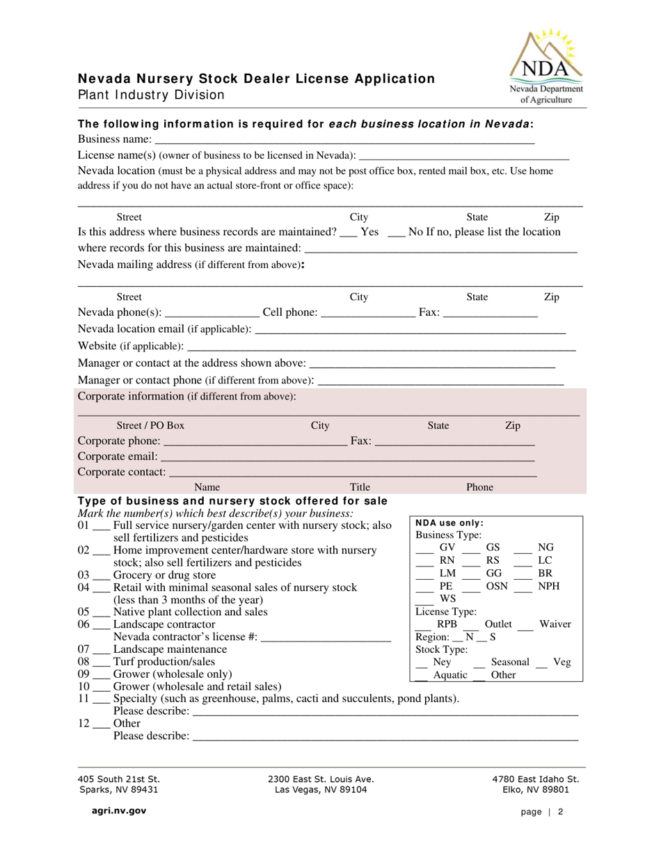 Nevada Nevada Nursery Stock Dealer License Application Fill Out, Sign Online and Download PDF