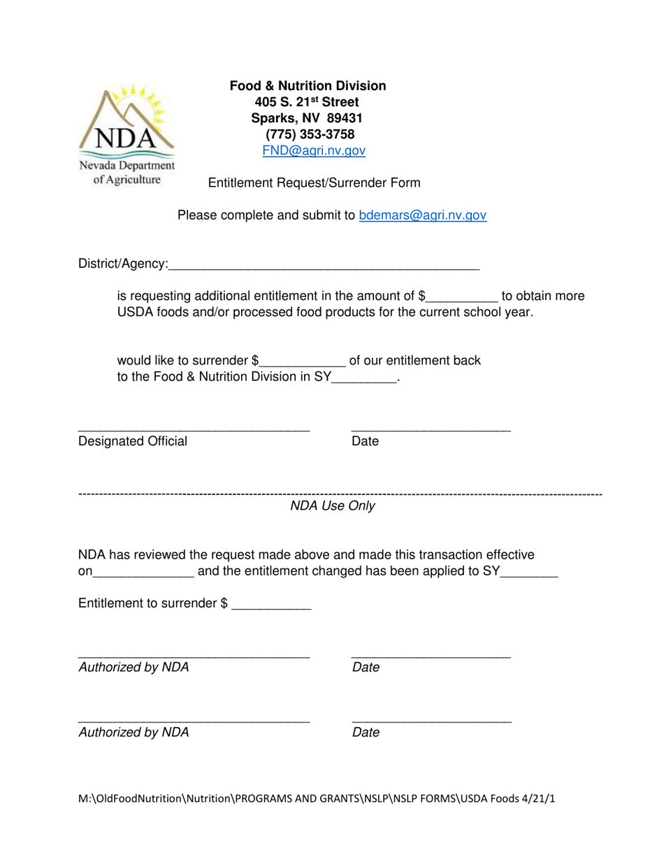 Entitlement Request / Surrender Form - Nevada, Page 1