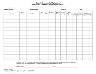 Unit Costs and Price Filings Worksheet - Nevada, Page 2
