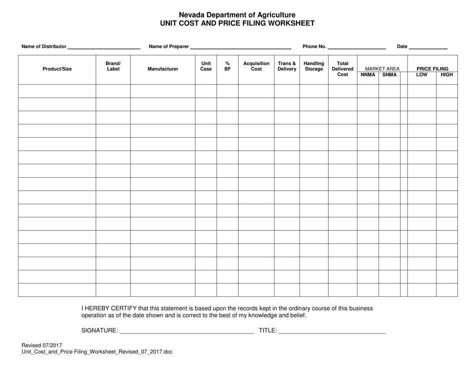 Nevada Unit Costs And Price Filings Worksheet - Fill Out, Sign Online 