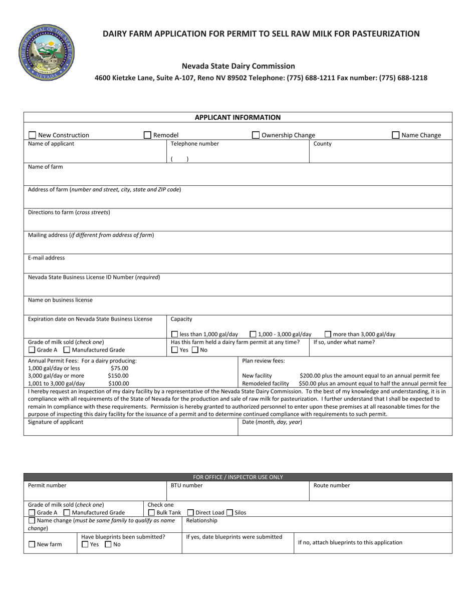 Nevada Dairy Farm Application for Permit to Sell Raw Milk for