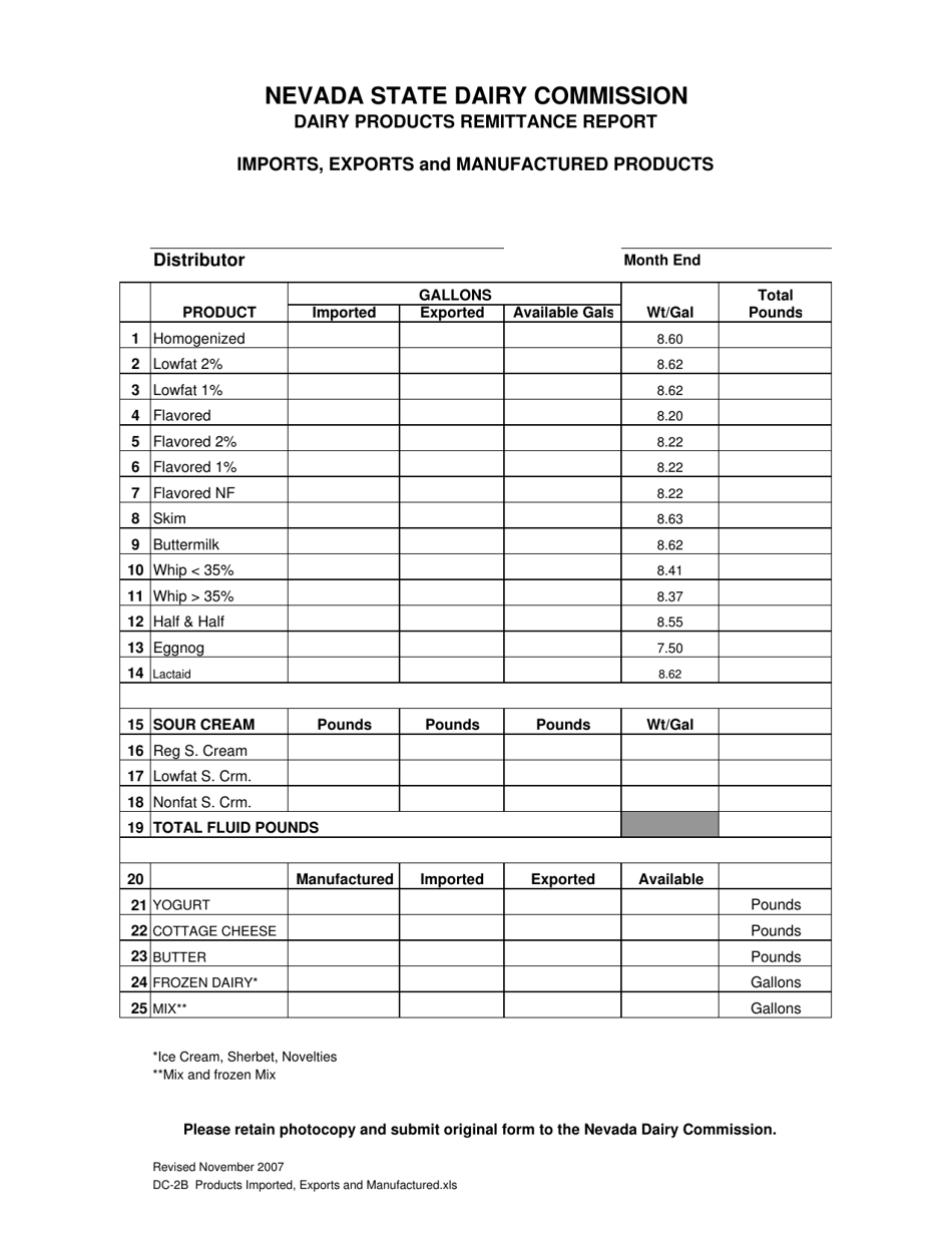 Form DC-2B Dairy Products Remittance Report - Imports, Exports and Manufactured Products - Nevada, Page 1