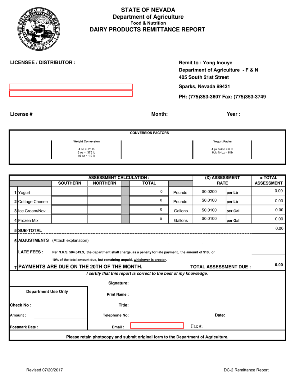 Form DC-2 Dairy Products Remittance Report - Nevada, Page 1