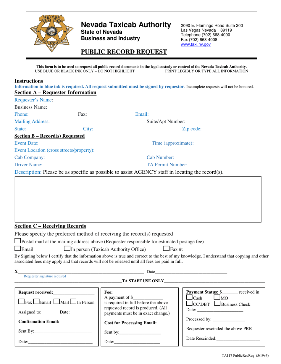 Form TA117 Public Record Request - Nevada, Page 1