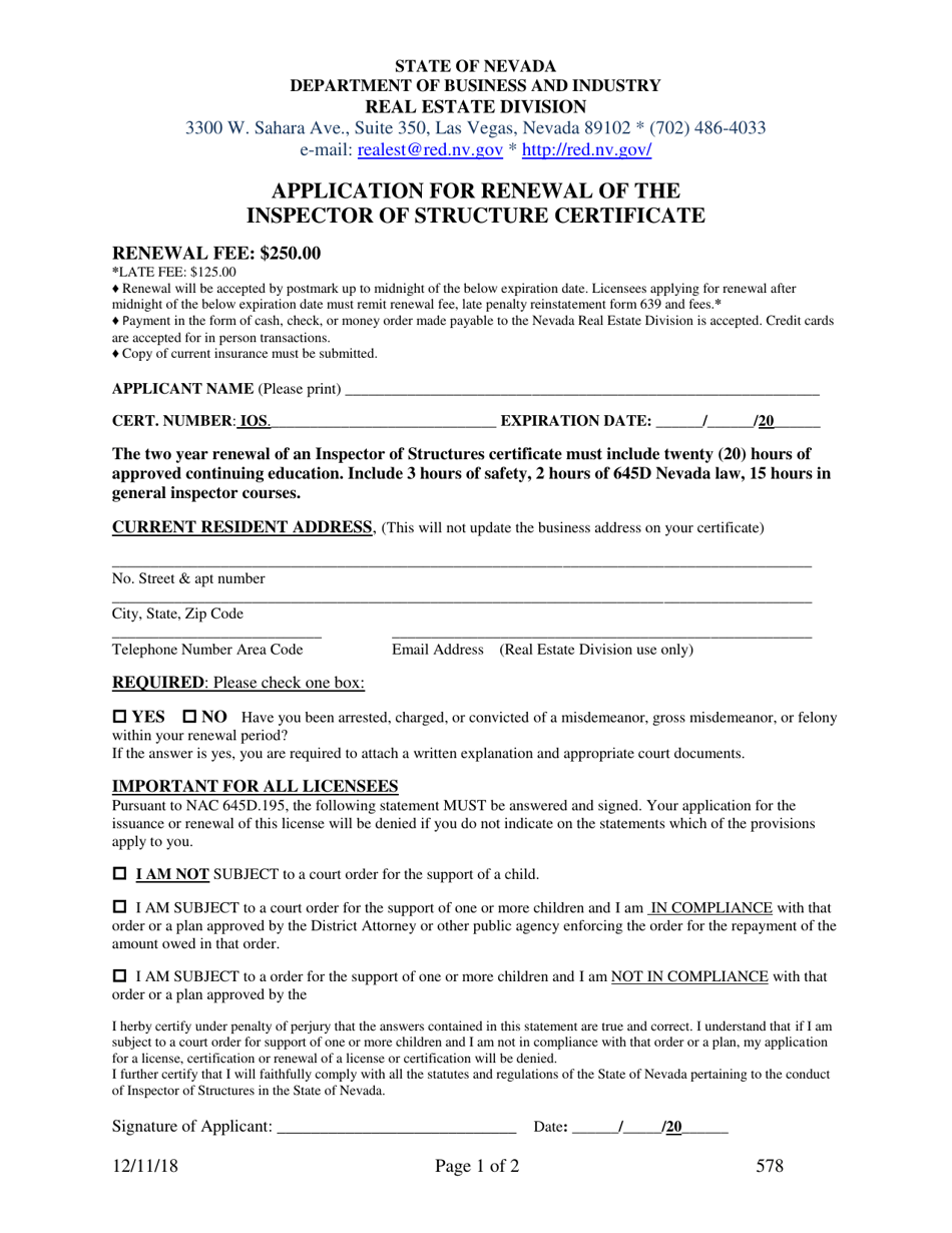 Form 578 Application for Renewal of the Inspector of Structure Certificate - Nevada, Page 1