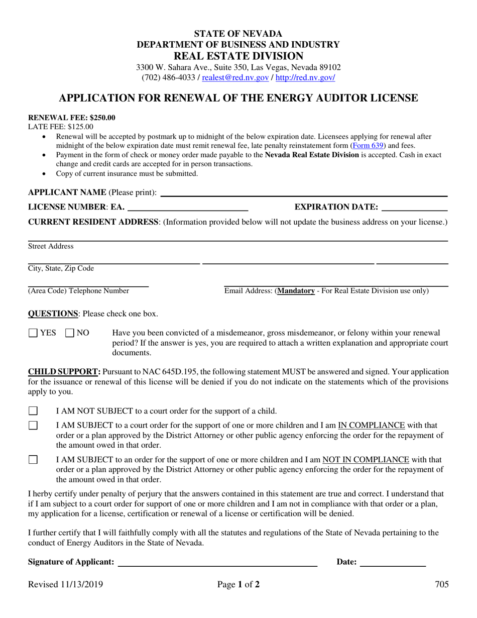 Form 705 Application for Renewal of the Energy Auditor License - Nevada, Page 1