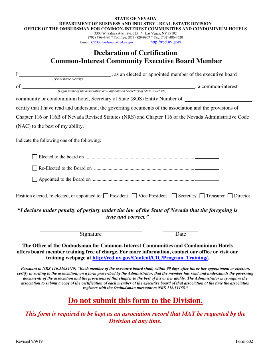 Form 602 Declaration of Certification Common-Interest Community Board Member - Nevada, Page 1