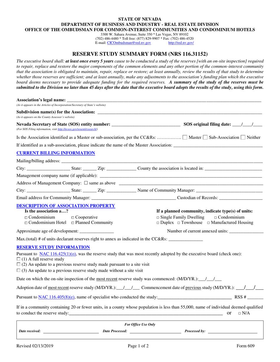 Form 609 Reserve Study Summary Form (Nrs 116.31152) - Nevada, Page 1