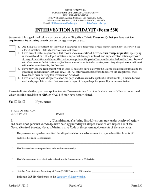 Form 530 Intervention Affidavit - Nevada