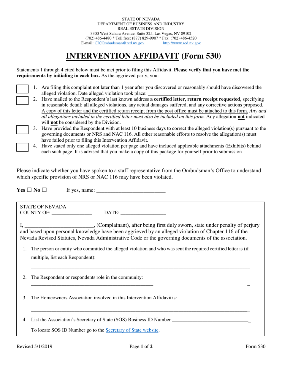 Form 530 Intervention Affidavit - Nevada, Page 1