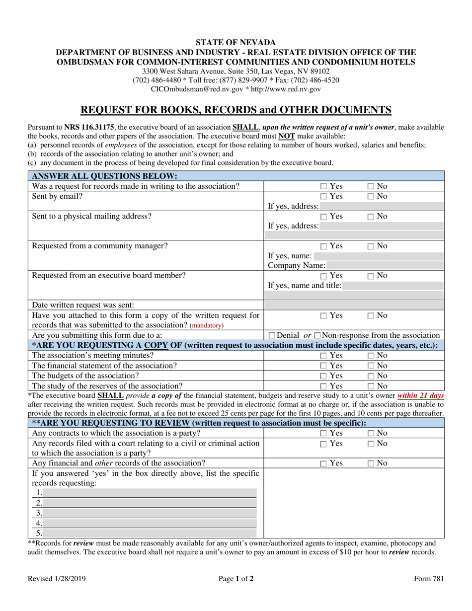 Form 781 Request for Books, Records and Other Documents - Nevada, Page 1