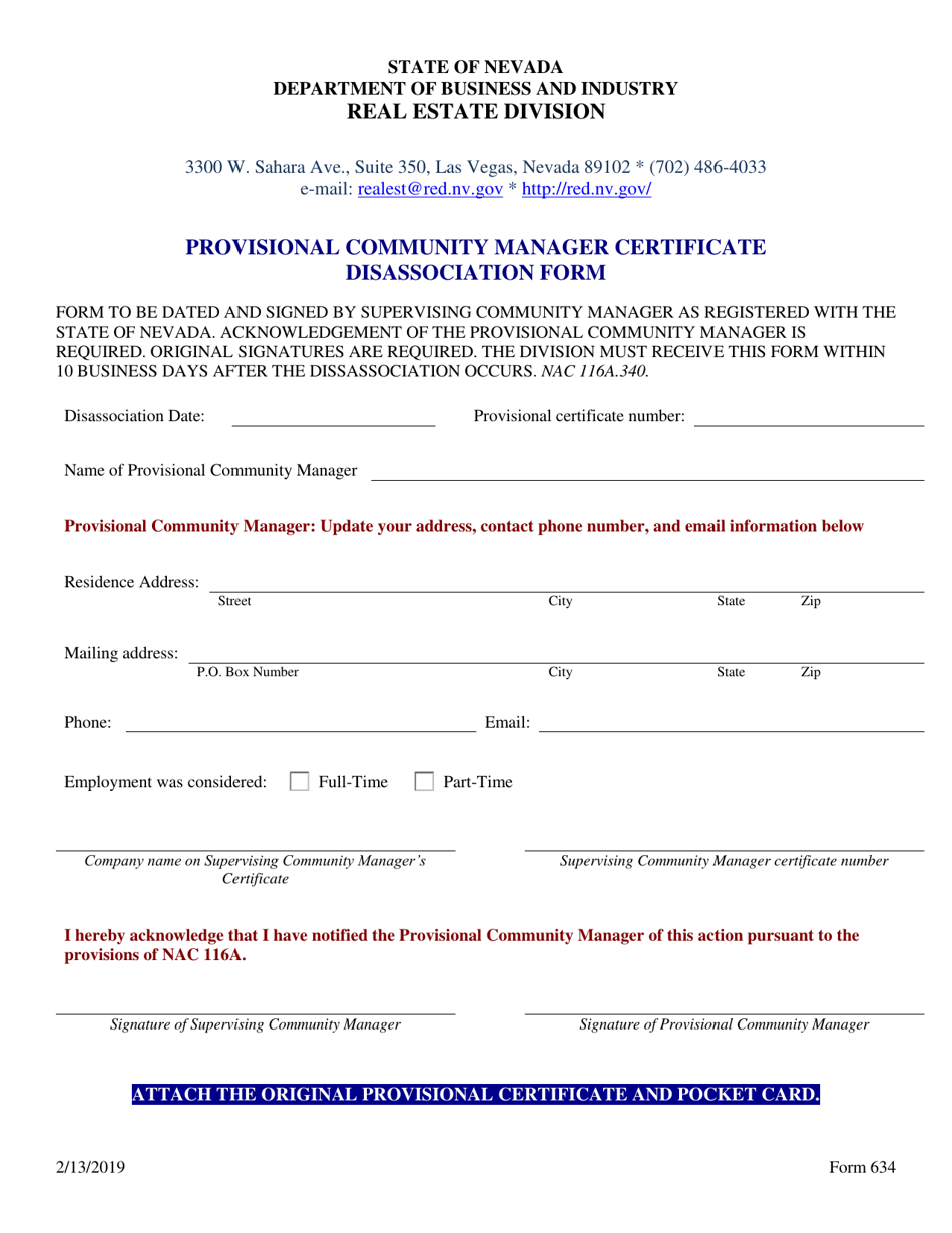 Form 634 Provisional Community Manager Certificate Disassociation Form - Nevada, Page 1