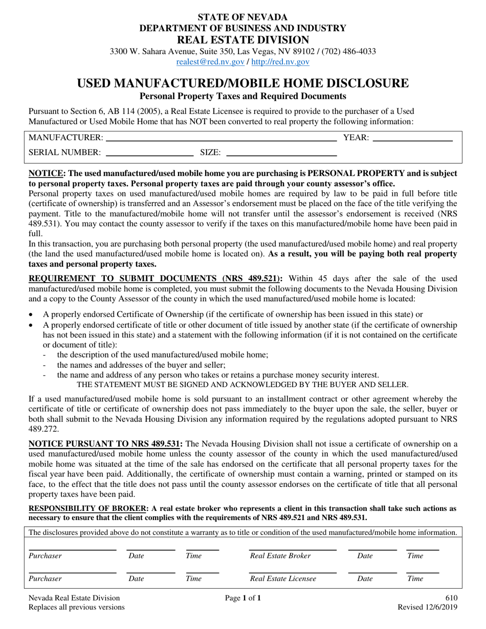 Form 610 Used Manufactured / Mobile Home Disclosure - Nevada, Page 1