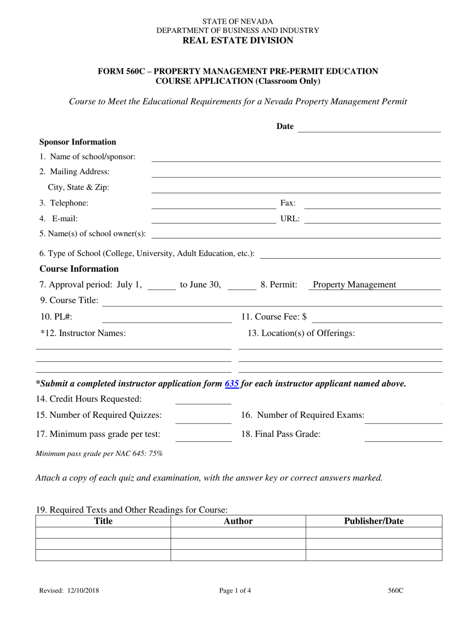 Form 560C Real Estate Property Manager Permit Pre-licensing Education Application for Classroom Offerings - Nevada, Page 1