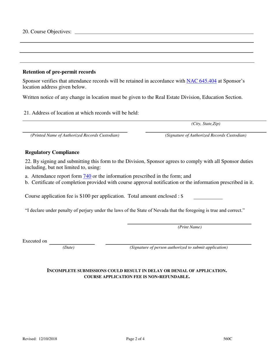 Form 560C Real Estate Property Manager Permit Pre-licensing Education Application for Classroom Offerings - Nevada, Page 2