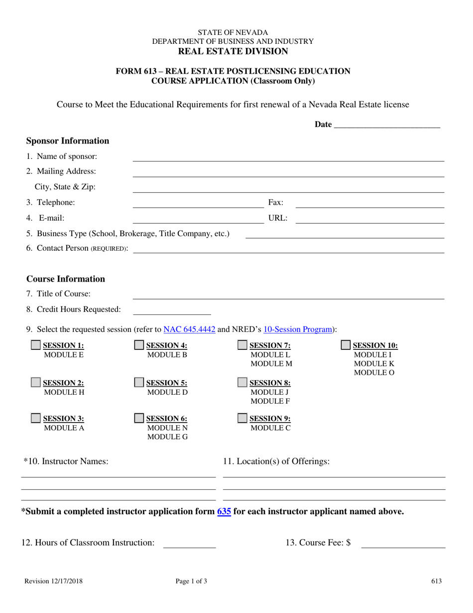 Form 613 Real Estate Post Licensing Education Application for Classroom Offerings - Nevada, Page 1