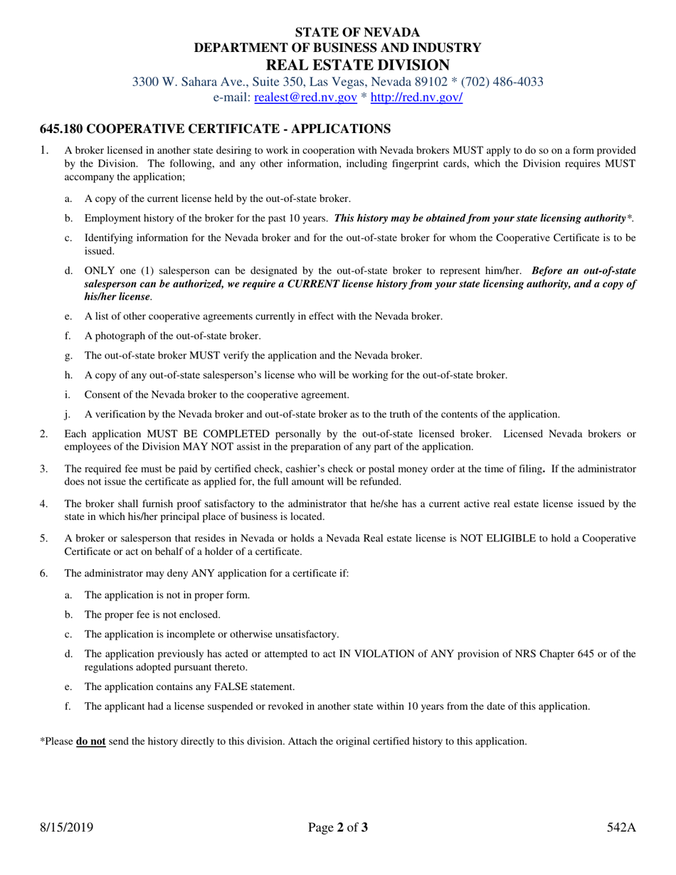 Instructions for Form 542 Application for Out-of-State Cooperative Certificate - Nevada, Page 2