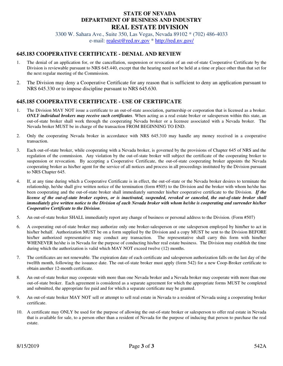 Instructions for Form 542 Application for Out-of-State Cooperative Certificate - Nevada, Page 3