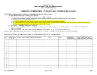 Document preview: Form 594A Inspector of Structures Inspection Log for Certified General - Nevada