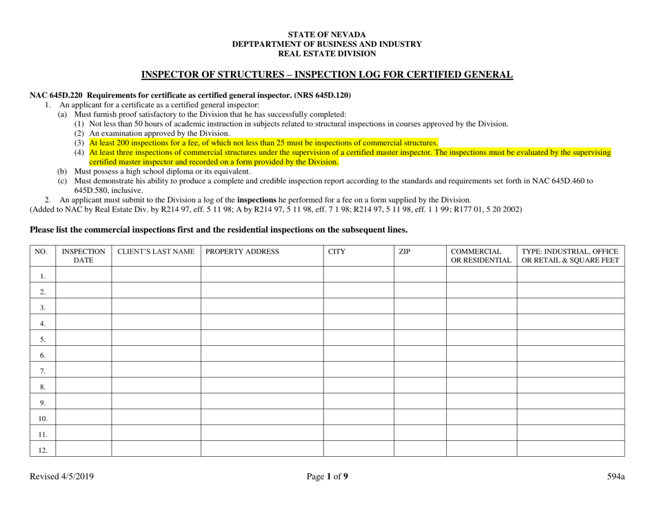 Form 594A Inspector of Structures Inspection Log for Certified General - Nevada, Page 1