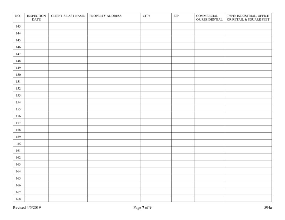 Form 594A Inspector of Structures Inspection Log for Certified General - Nevada, Page 7