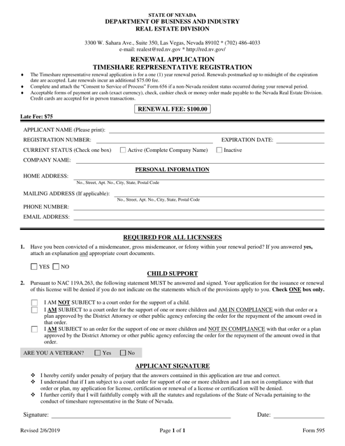 Form 595 Timeshare Registered Representative Application for Renewal - Nevada