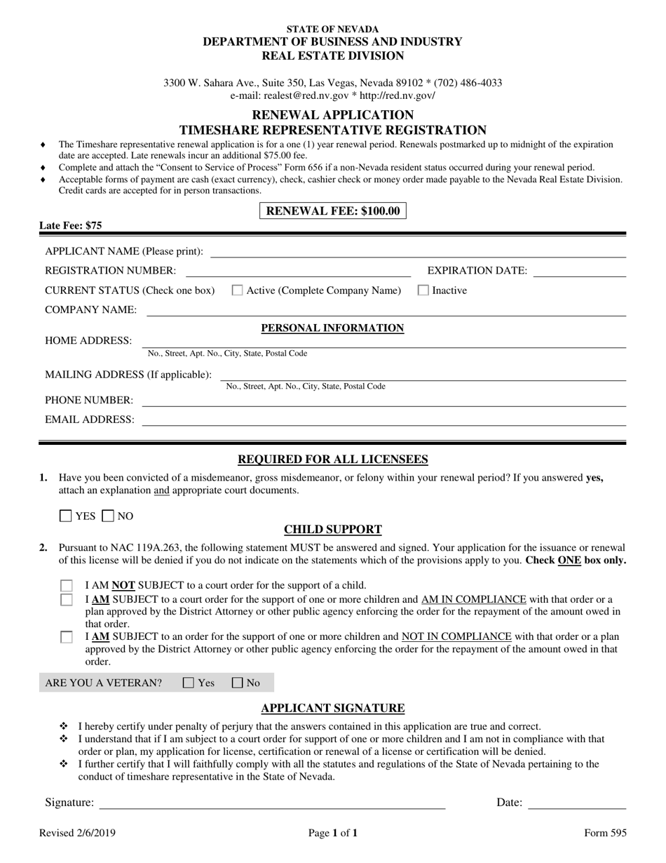Form 595 Timeshare Registered Representative Application for Renewal - Nevada, Page 1