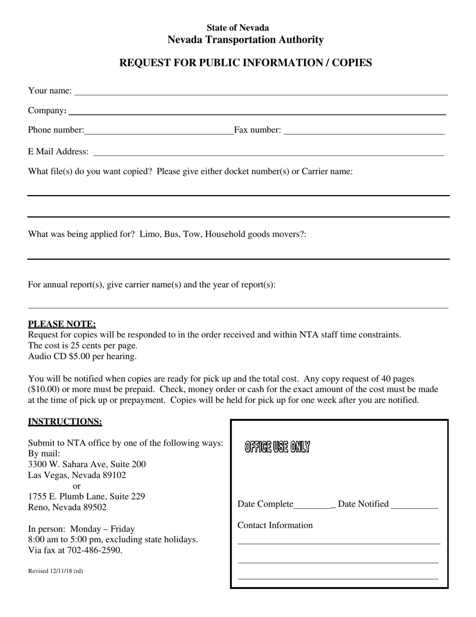 Request for Public Information / Copies - Nevada, Page 1