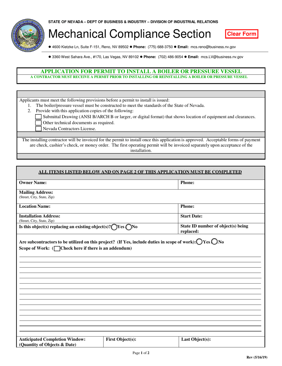 Application for Permit to Install a Boiler or Pressure Vessel - Nevada, Page 1