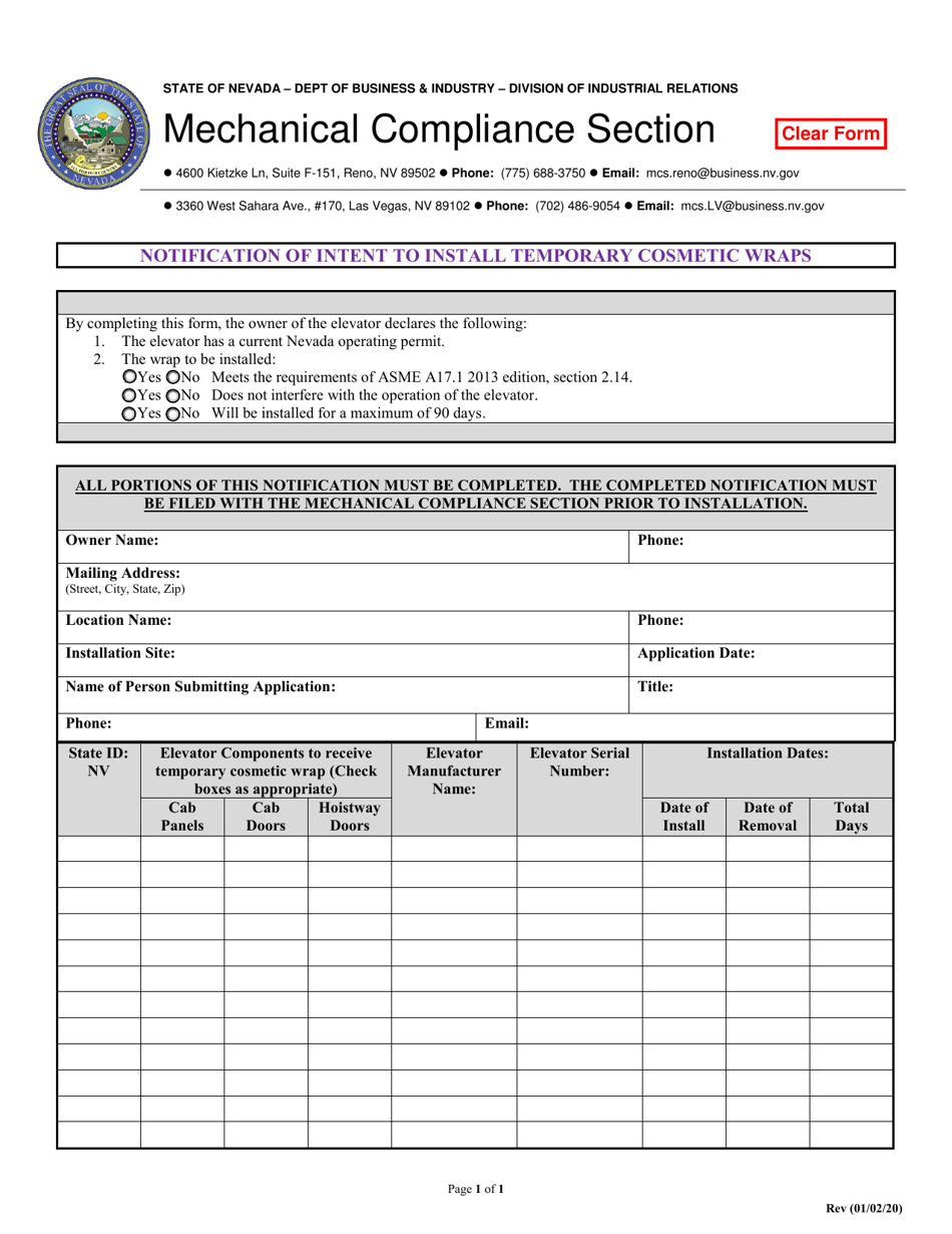 Notification of Intent to Install Temporary Cosmetic Wraps - Nevada, Page 1