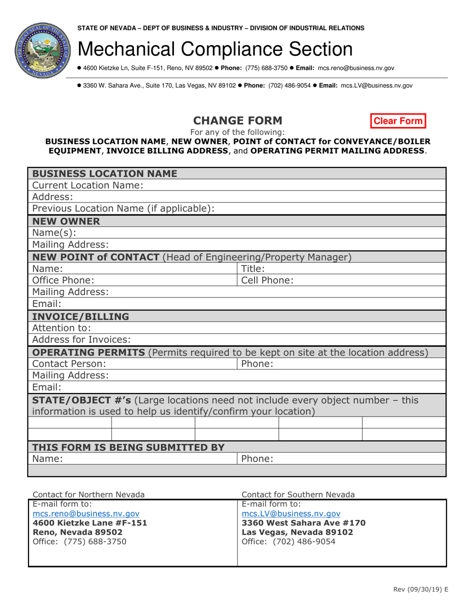 Address Change Form - Nevada, Page 1