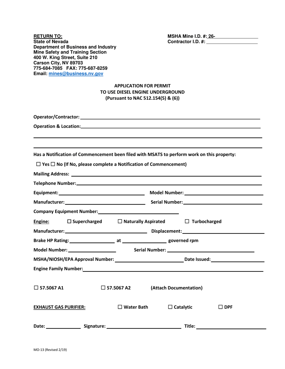 Form MO-13 Application for Permit to Use Diesel Engine Underground - Nevada, Page 1