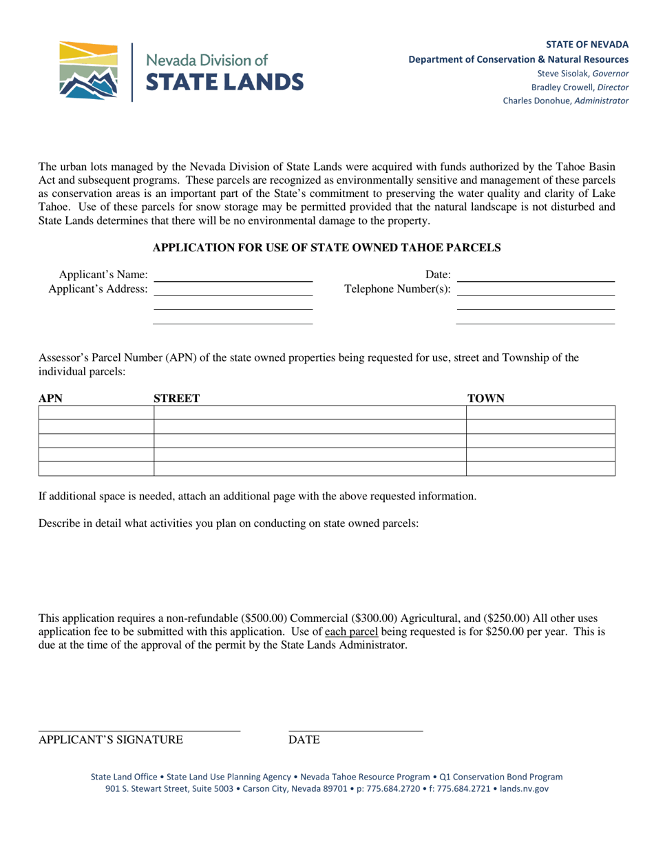 Application for Use of State Owned Tahoe Parcels - Nevada, Page 1
