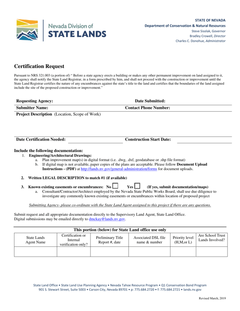 Certification Request Form - Nevada Download Pdf