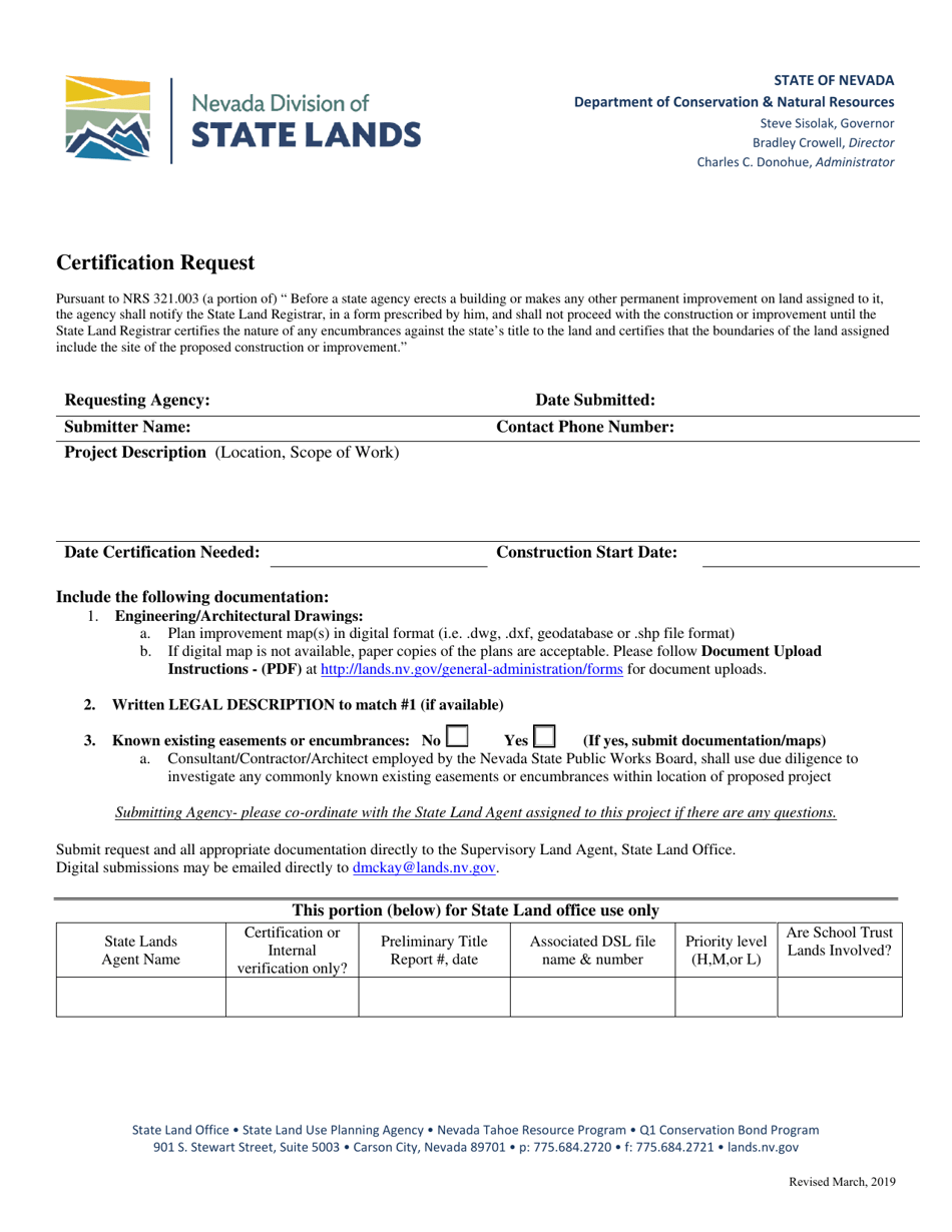 Certification Request Form - Nevada, Page 1