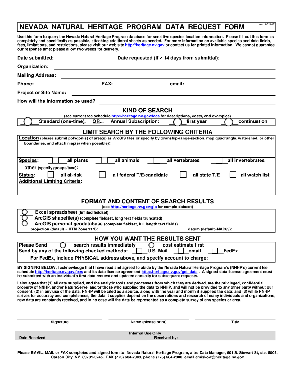 Nevada Natural Heritage Program Data Request Form - Nevada, Page 1