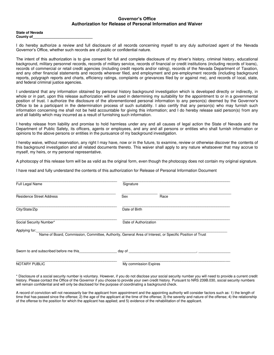 Authorization for Release of Personal Information and Waiver - Nevada, Page 1